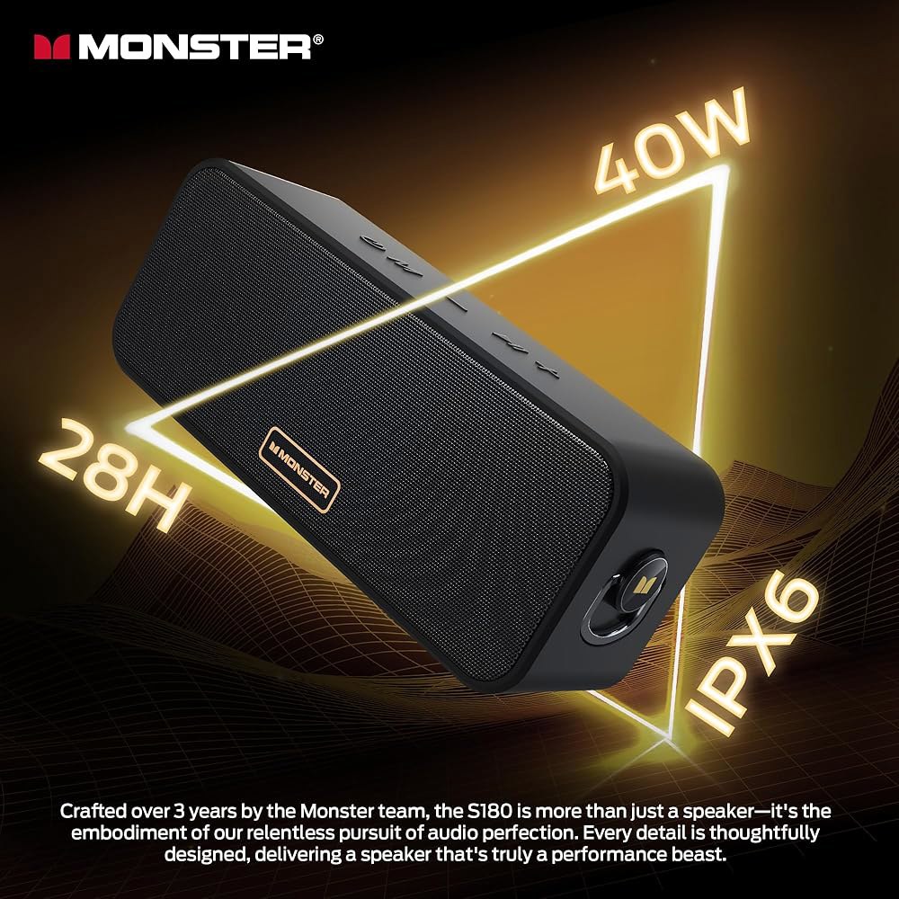 Monster S180 블루투스 스피커, 40W 무선 28H 재생 시간, 스테레오 사운드, 6.0, 지원 AUX, TF, 페어링, 가정용, 실외용 IPX6 방수 스피커 - 상세 이미지 2