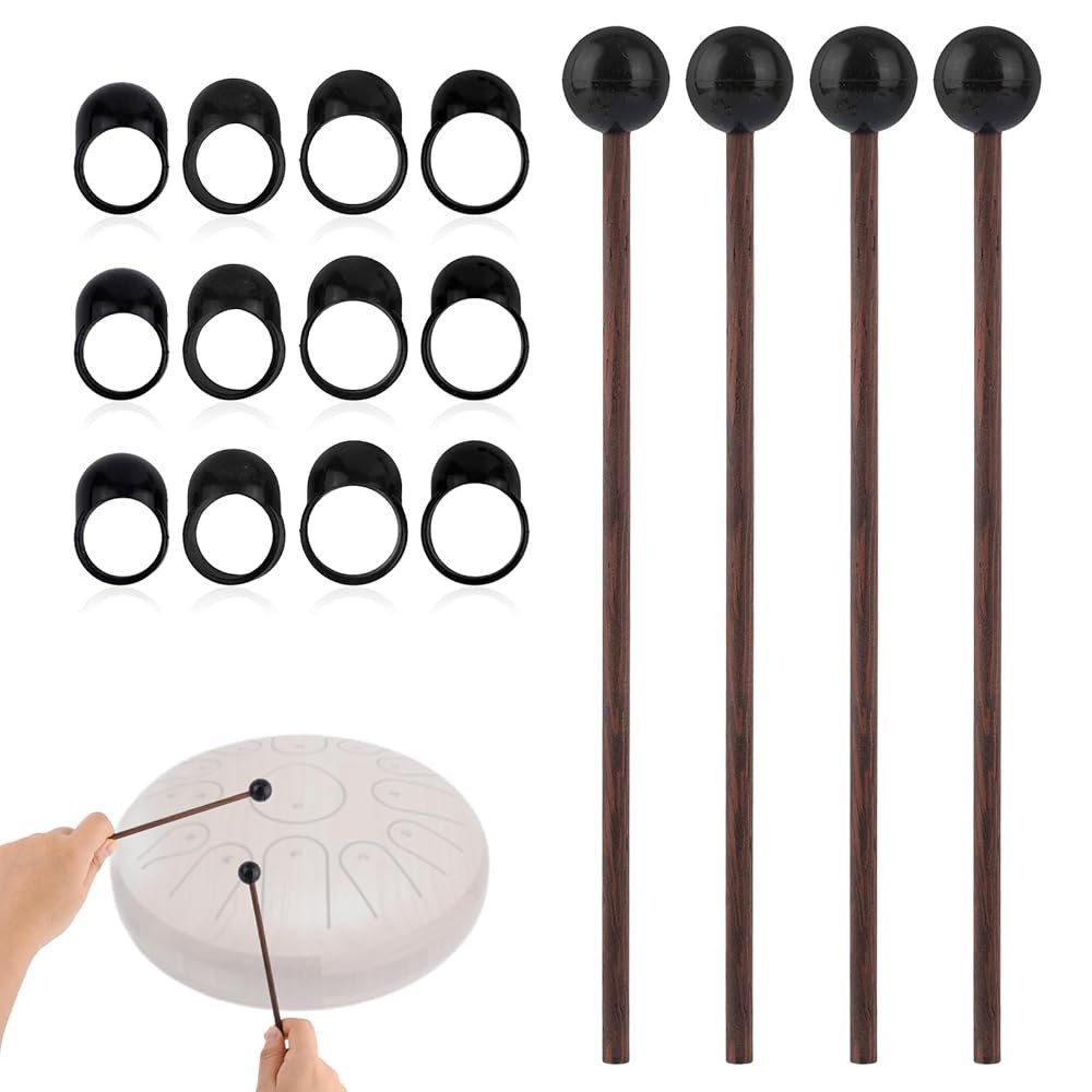 4pcs 17.5cm / 6.9인치 텅 드럼 망치 및 12pcs 핑거 슬리브, 나무 손잡이 실리콘 고무 헤드 타악기용 글로켄스필 우드블록 벨 차임 스틸 악기 - 상품 이미지
