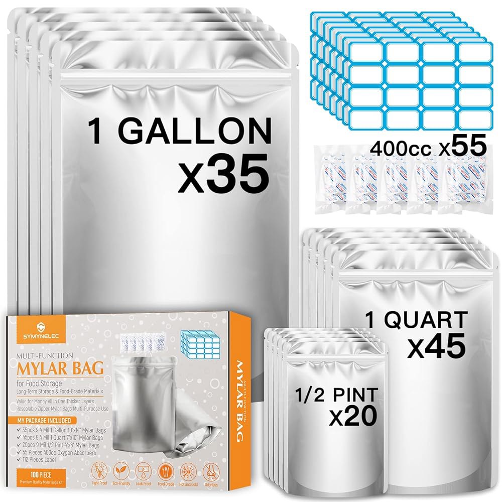 400cc 산소 흡수제가 포함된 100PCS 마일라 백, 1180밀리리터 더 두꺼운 장기 식품 보관 가방, 1갤런 10x14 6x9 4x6 밀폐형 지퍼 재밀봉 가능 냄새 방지 포장 - 상품 이미지
