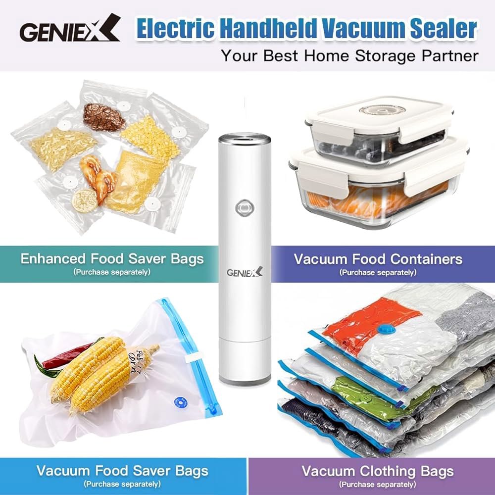 식품 보관용 GENIEX 진공 씰러 핸드헬드 | 컴팩트, 무선, 자동 정지 및 충전식 ( 전용) Vacuum Bags 20pcs - 상세 이미지 3