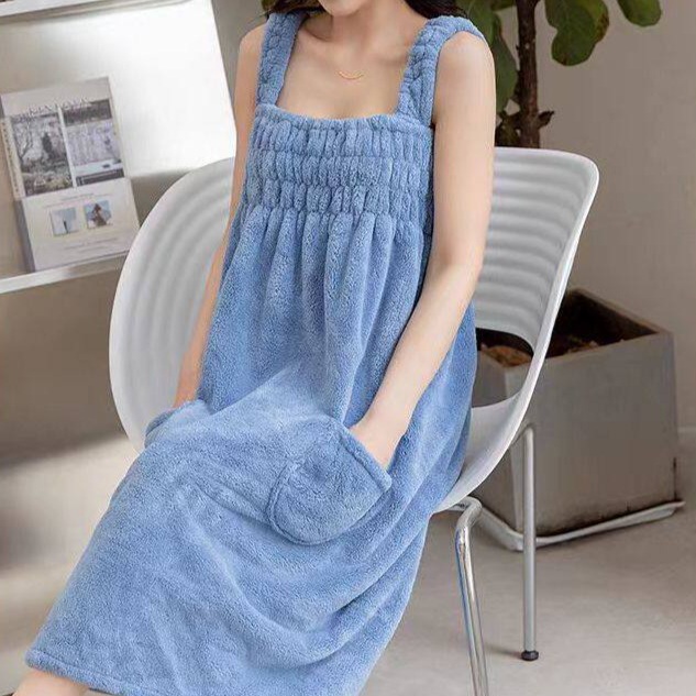 원피스 랩 샤워가운 극세사 부드러운 도톰한 흡수력 좋은 어깨끈 밴딩 주머니 롱 드레스형 - 상세 이미지 2