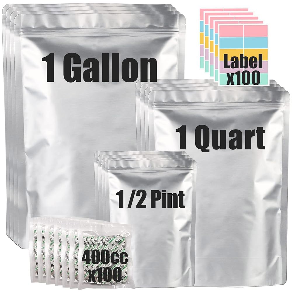 식품 보관용 100pcs 마일라 백 150x400cc 산소 흡수제 및 라벨이 있는 두께 12밀리미터, 3가지 크기(1갤런, 1쿼터, 1/2파인트) - 스탠드업, 재밀봉 장기 열 - 상품 이미지