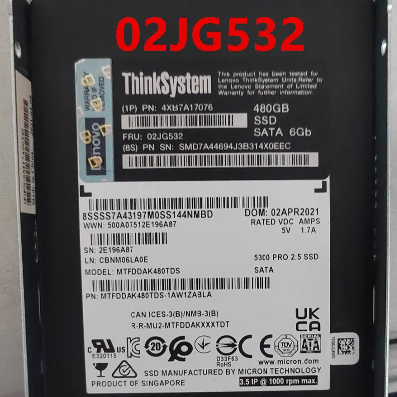 Lenovo호환 480GB 2.5 SSD SATA 4XB7A17076 02JG532새 솔리드 스테이트 드라이브