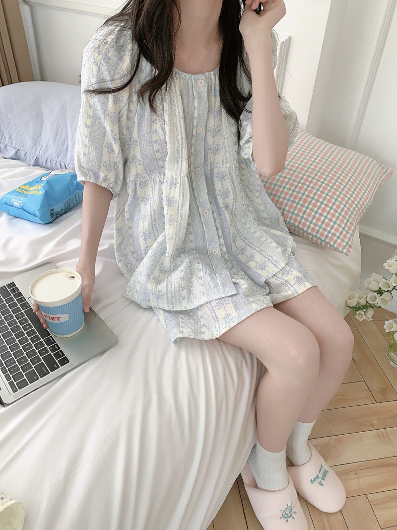 라운드넥 반팔잠옷 반바지 노카라 플라워 순면 거즈면 수유 홈웨어 파자마 여름 이미지 7