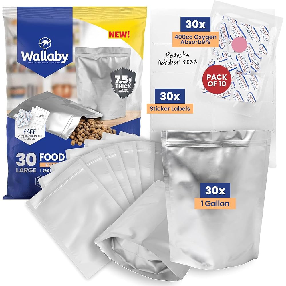 왈라비 30 카운트 400cc 산소 흡수제가 포함된 1갤런 거셋 마일라 백, 총 두께 1,500만 개의 장기 식품 보관 파우치, 10x14 스탠드업 지퍼 열 밀봉 밀폐 포장 - - 상품 이미지