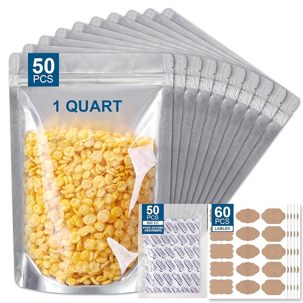 투명 창문이 있는 식품 보관용 50팩 마일라 백, 곡물, 밀, 쌀, 콩류, 육류 장기 400CC 산소 흡수제가 포함된 재사용 가능한 백 1쿼트(944만 개, 7 x10 - 상품 이미지