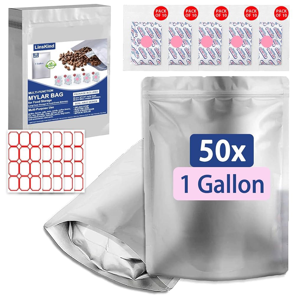 린스킨드 50pcs 마일라 백 1갤런, 산소 흡수제가 포함된 10 x14 백(50x500cc), 지퍼 재밀봉 가능한 열 밀봉 가방, 라벨이 부착된 스탠드업 냄새 방지 대형 - 상품 이미지