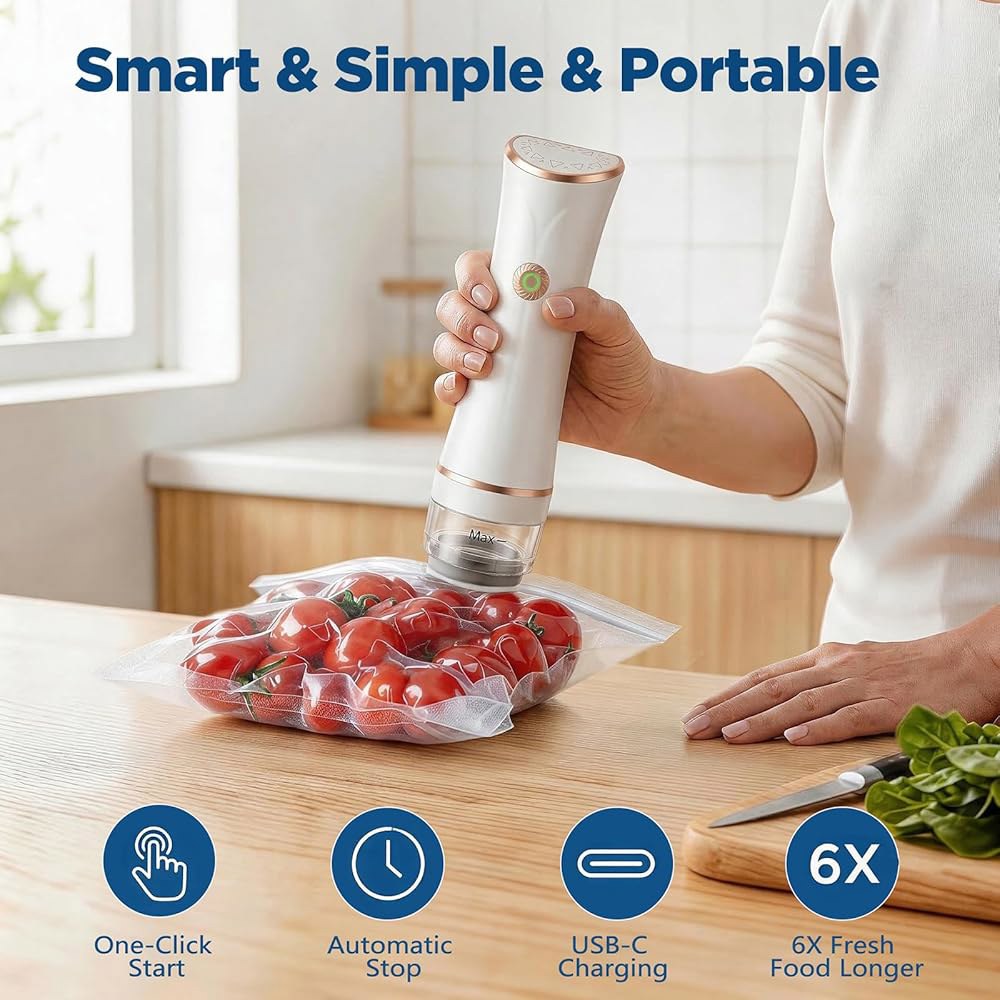 눈에 보이는 탱크가 있는 음식용 컴팩트 진공 밀봉기, 휴대용 재사용 가능한 가방 30개 포함, 음식물을 6배 더 신선하게 밀봉, 무선 및 휴대용, 주방 여행에 적합, 흰색 - 상세 이미지 3