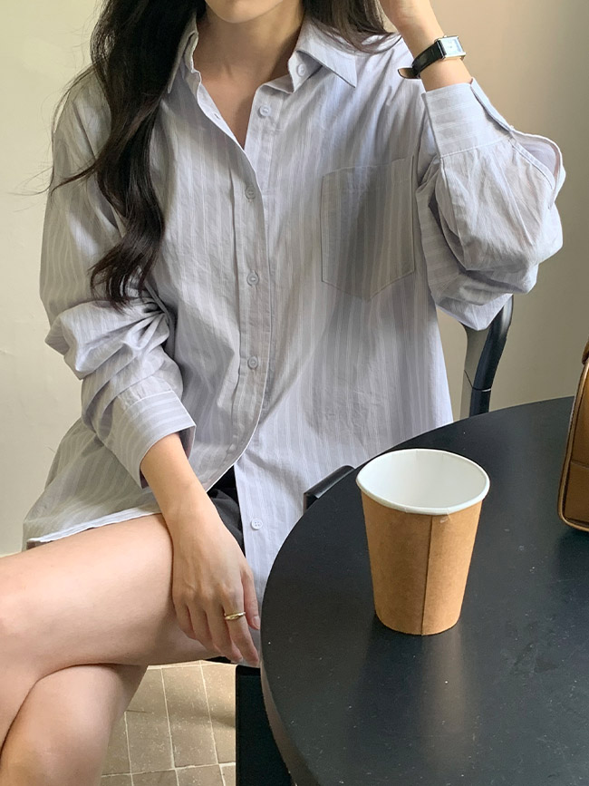 세리안 스트라이프 루즈핏 블라우스 셔츠 출근 데일리 오피스룩 bs8399 이미지 7