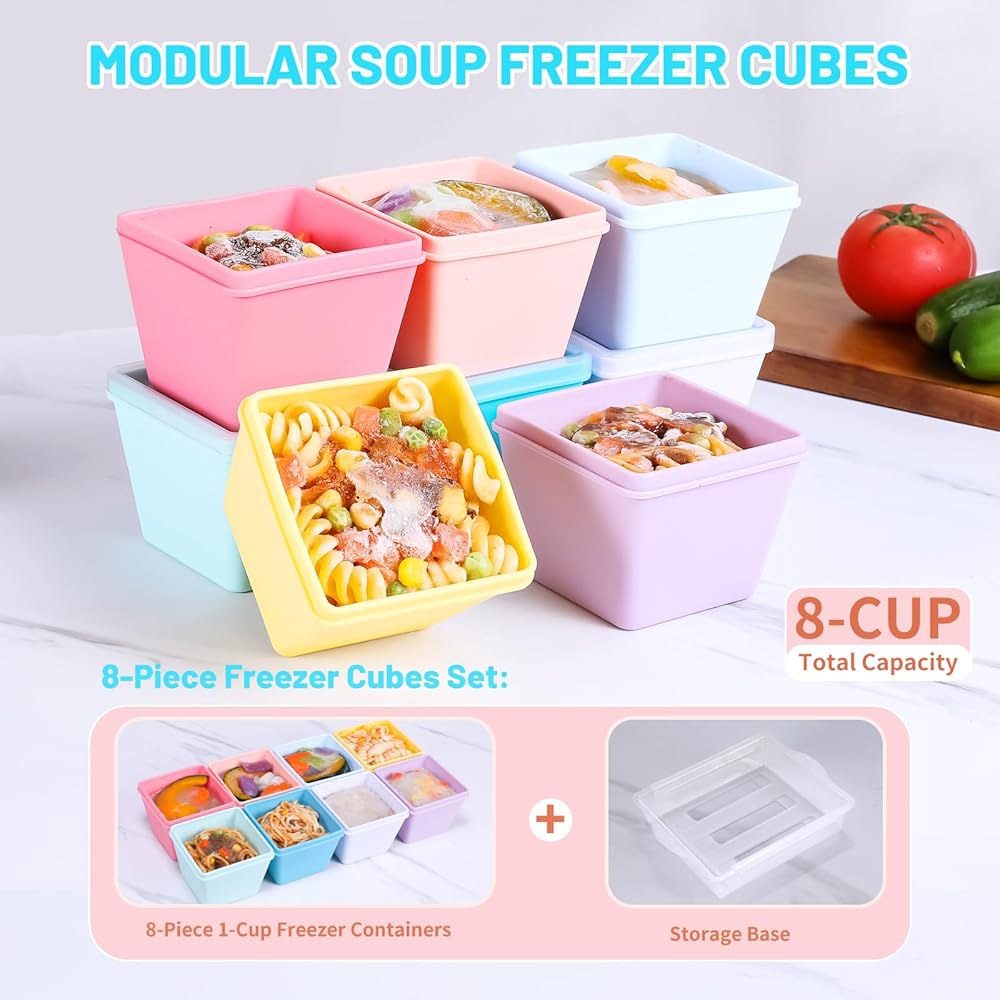 베이스가 있는 Gemice BPA 프리 실리콘 냉동 몰드, 개별 8팩 1컵 부분 수프 큐브 트레이, 식품 보관용 뚜껑, 오븐 및 식기세척기 안전, 식사 준비용 용기 - 상세 이미지 3