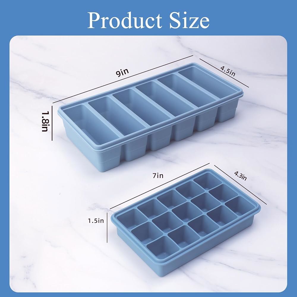 뚜껑이 있는 2팩 실리콘 냉동 트레이, 큰 1/2컵(125ml) 6개 & 작은 2Tbsp(30ml) 수프 용기 몰드, 식사 준비 및 수프용 얼음 큐브 스튜, 소스, 마늘, 허브(블 - 상세 이미지 3