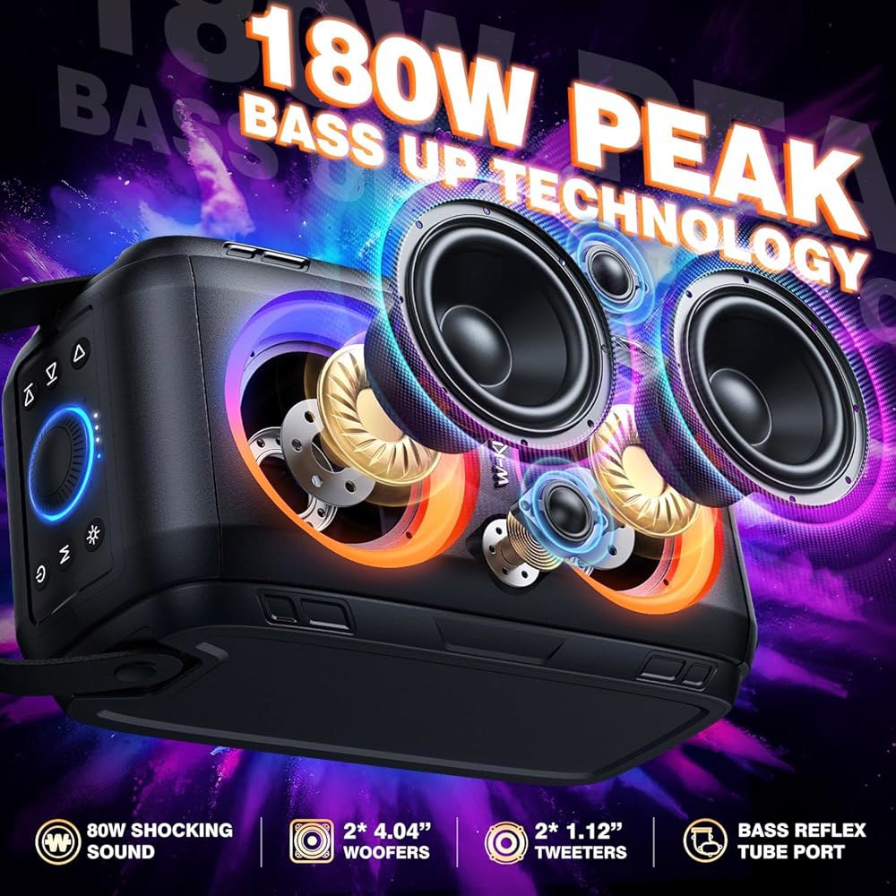 W-KING 파티 블루투스 스피커 붐 박스, 180W Max 대형 무선 야외 휴대용 4 드라이버, 2 4.04인치 서브우퍼, 80W HD 105dB 펄스 내추럴 딥 베이스, IPX - 상세 이미지 2
