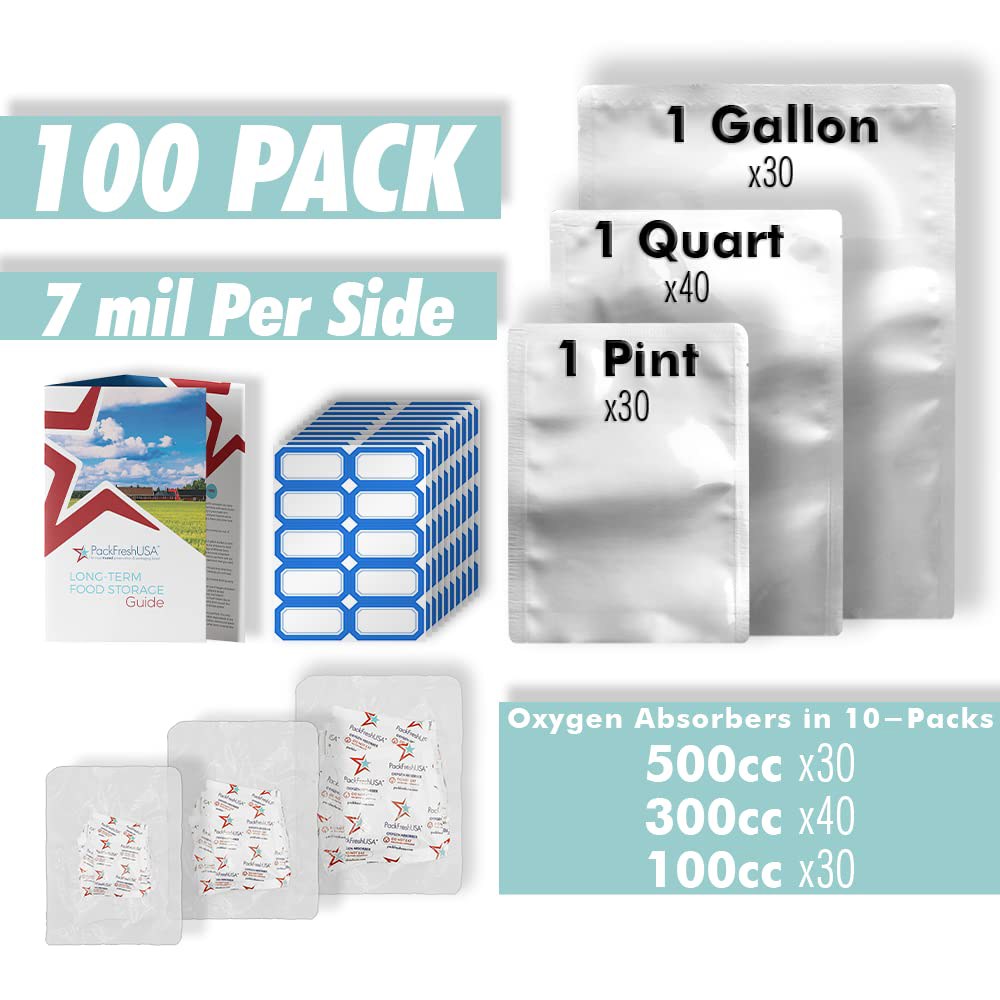 PackFreshUSA 100팩 7밀 마일라 백 및 산소 흡수제 - 파인트, 쿼트, 갤런 u2013 내구성 있는 식품 보관으로 장기 준비, 열 밀봉 습기에 강합니다 - 상세 이미지 2
