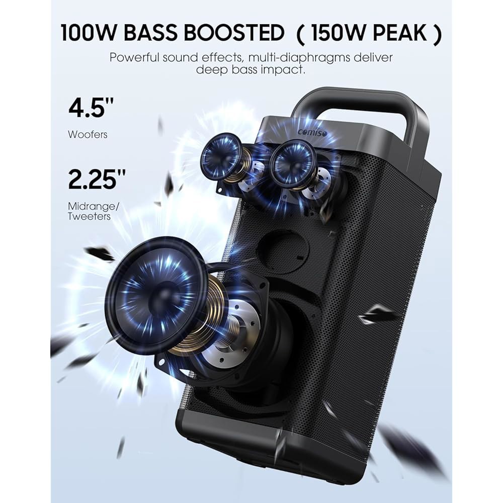 COMISO 휴대용 블루투스 스피커, 딥 베이스, 150W 피크, 12시간 재생 시간 IPX6 방수 야외 파워 뱅크 기능, USB /AUX / 마이크 입력 가정용 해변 및 여행용 - 상세 이미지 2