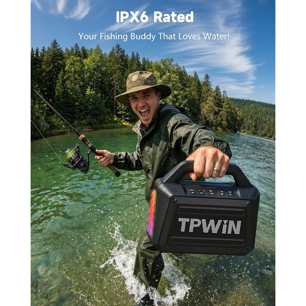 TPWIN 블루투스 스피커 - 80W 라우드 러기드 아웃도어 스피커, IPX6 방수, 20H 플레이타임, 딥 베이스, 라이트쇼, TWS, BT 5.3 무선, 여행용 하이킹 캠핑 - 상세 이미지 3