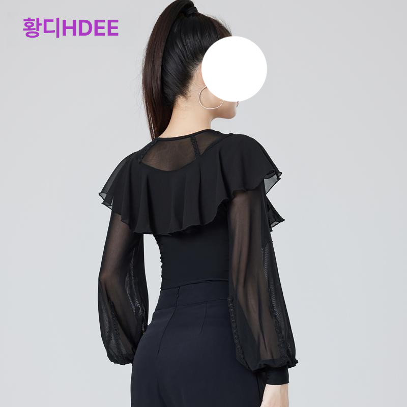 라틴댄스 상의 긴팔 줌바 블라우스 시스루 공연 블랙 (허리 연결 없음) M - 상세 이미지 5
