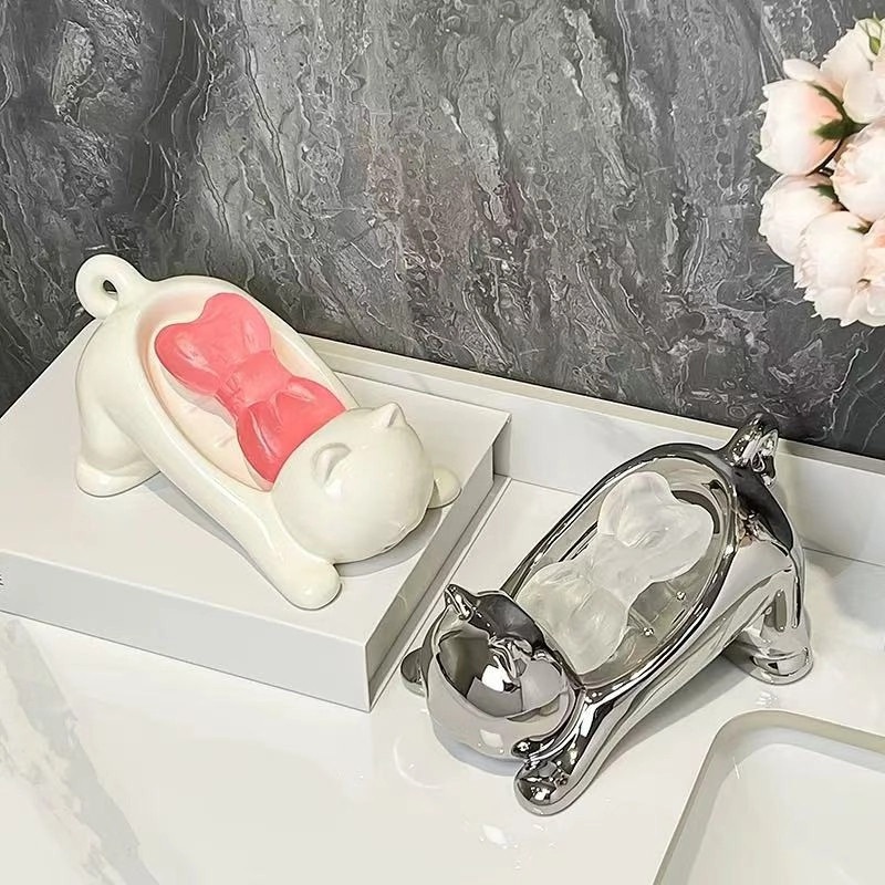 고양이모양 비누 받침대 귀여운 도자기 세라믹 경사형 물빠짐 배수구멍 위생적인 솝 거치대 - 상세 이미지 4
