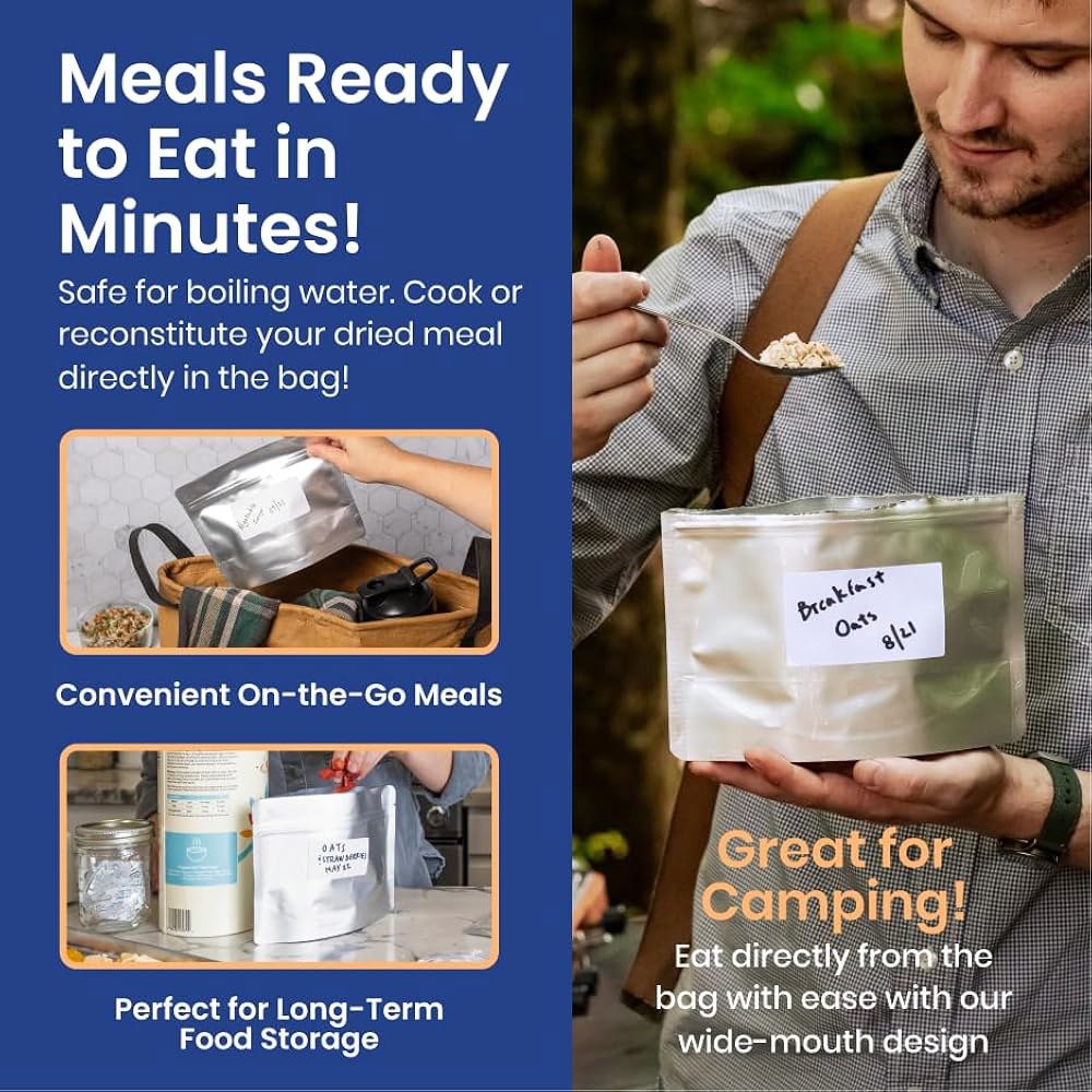 왈라비 30 카운트 MRE 마일라 백, 400cc 산소 흡수제 포함, 총 두께 장기 식품 보관 파우치 1,500만 개, 6.5x8.5 스탠드업 지퍼 열 밀봉 밀폐 포장 - 실버 - 상세 이미지 2