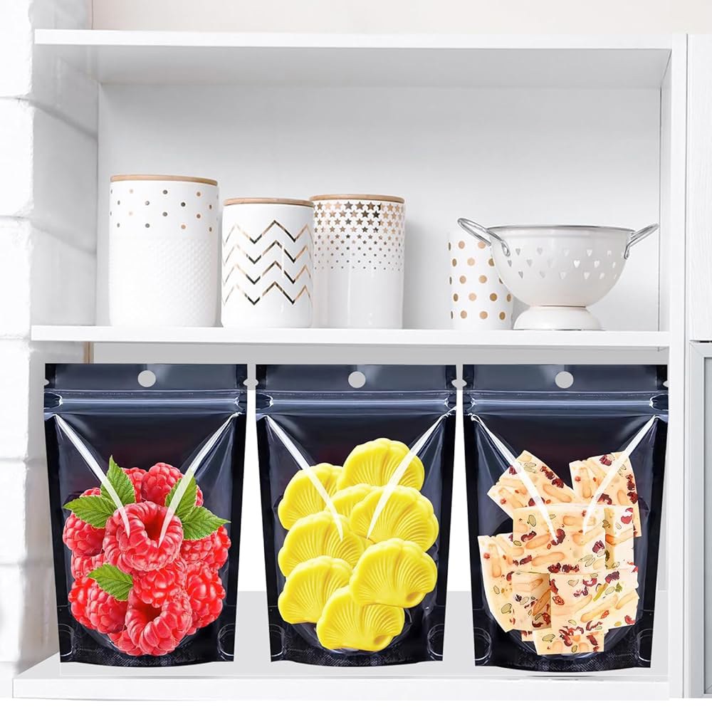 100PCS 재밀봉 가능한 마일라 식품 보관 가방, 투명 전면 창문이 있는 검은색 냄새 방지 포일 백, 6.3X9.5인치 스탠드업 파우치, 중소기업, 커피, 파티용 쿠키용 재사용 - 상세 이미지 2