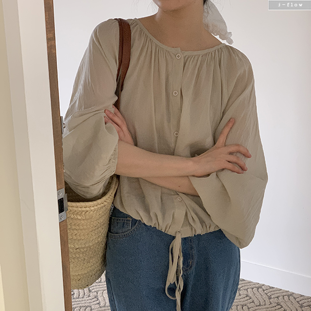 레이퍼 라운드 셔링 린넨 스트링 블라우스 4col 봄 여름 스트랩 루즈핏 벌룬 제이플로우 - 상품 이미지