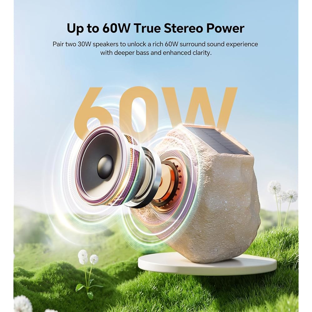 업그레이드된 실외 록 스피커 60W 딥 베이스 멀티싱크 최대 100Pcs, 리모컨, IPX7 방수 태양광 발전 및 LED 조명으로 수영장, 정원, 파티오, 음악 애호가에게 이상적 - 상세 이미지 3