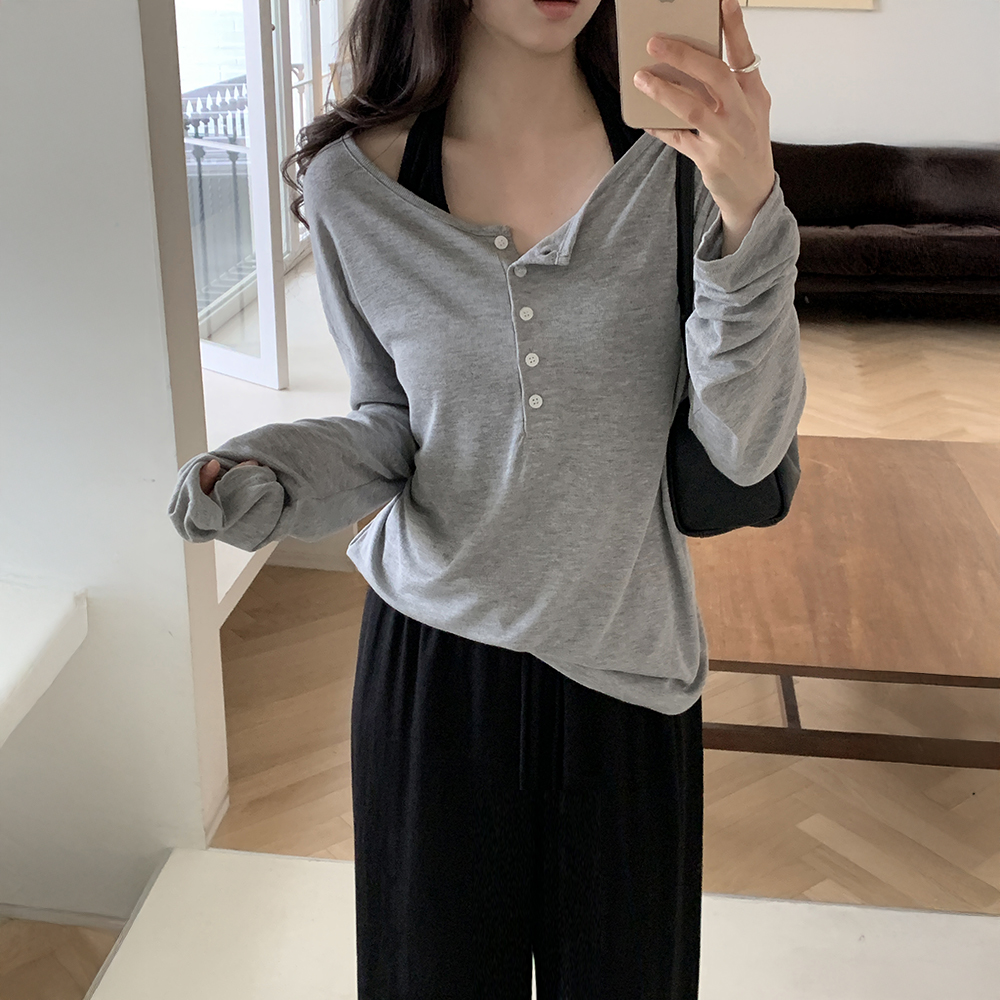 4943 후들후들 박시 루즈핏 단추 긴팔 티셔츠 봄 여름 - 상품 이미지
