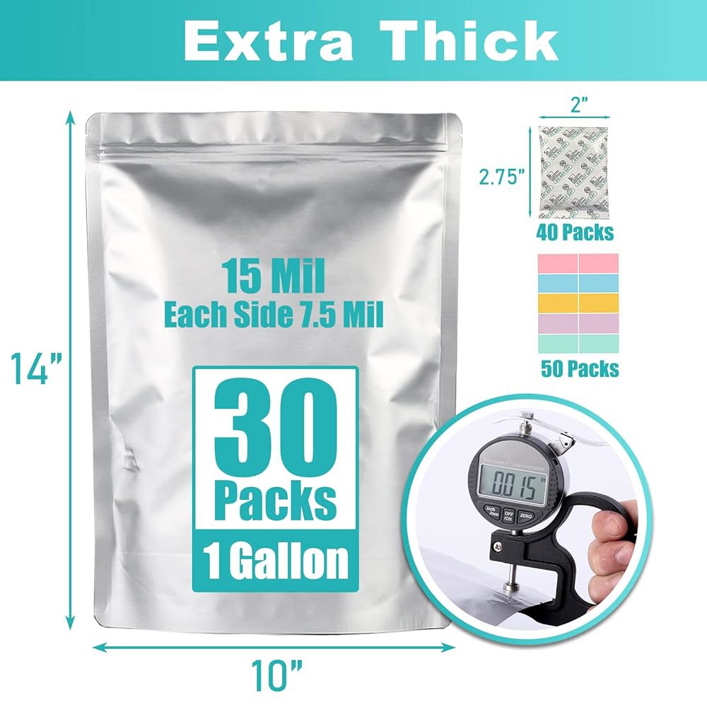 식품 보관용 30pcs 1갤런 마일라 백(각 측면에 두께 750만 분의 1), 산소 흡수제 500CC(40pcs), 장기 10 x14 열 밀봉 지퍼 백 포함 - 상세 이미지 3