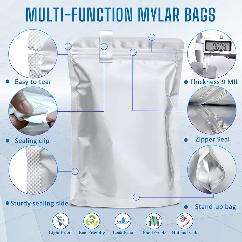 식품 보관용 100팩 마일라 백 - 100x300cc 산소 흡수제 포함 9밀 10 x14 , 6 x9 , 4.3 x6.3 포장용 재봉입 가능한 및 지퍼락 등급 - 상세 이미지 3