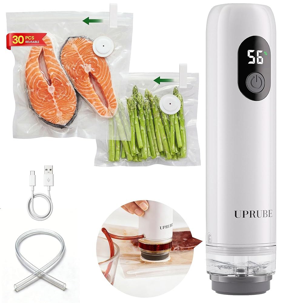 음식용 UPRUBE 컴팩트 진공 밀봉기(진공 밀봉기 + 재사용 가능한 봉투 30개), LED 디스플레이 및 액체 배수 튜브가 장착된 강력한 휴대용 음식 밀봉기, White - 상품 이미지