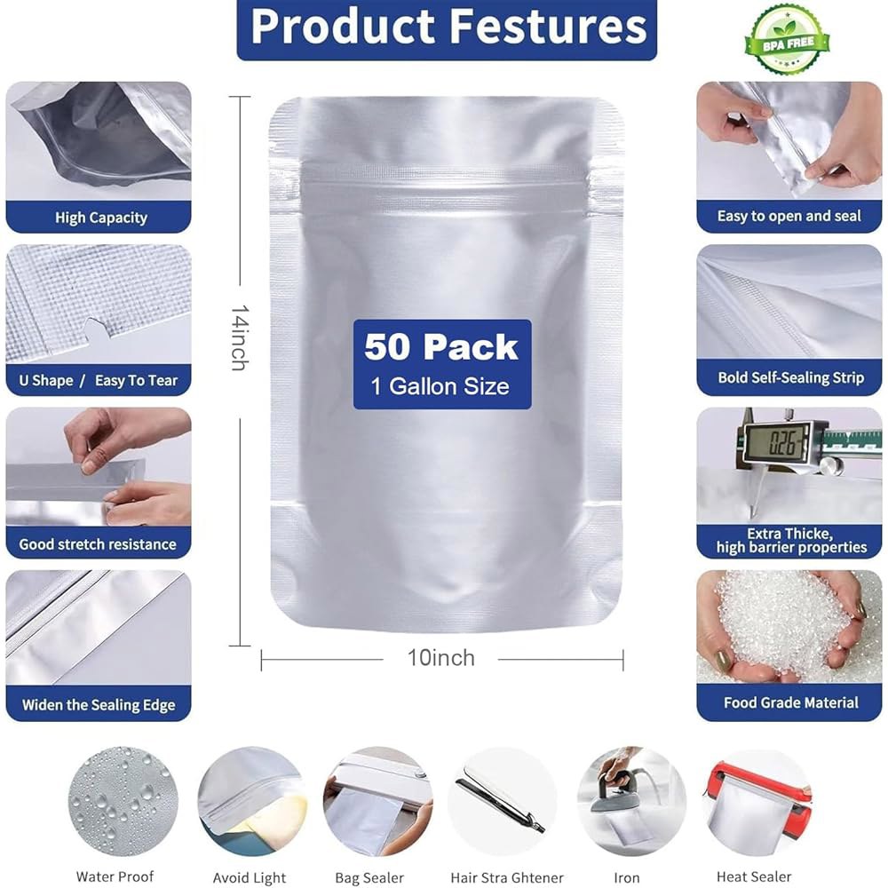 린스킨드 50pcs 마일라 백 1갤런, 산소 흡수제가 포함된 10 x14 백(50x500cc), 지퍼 재밀봉 가능한 열 밀봉 가방, 라벨이 부착된 스탠드업 냄새 방지 대형 - 상세 이미지 2