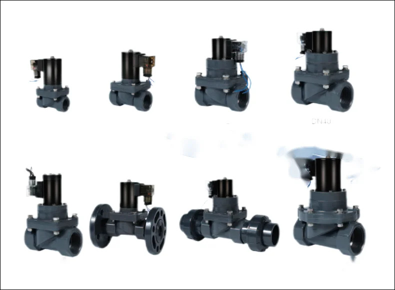 부식 방지 UPVC CPVC PVC PTFE 바디 솔레노이드 밸브 1/8 1/4 3/8 1/2 1 2 12V 24V DC 110V 220V AC