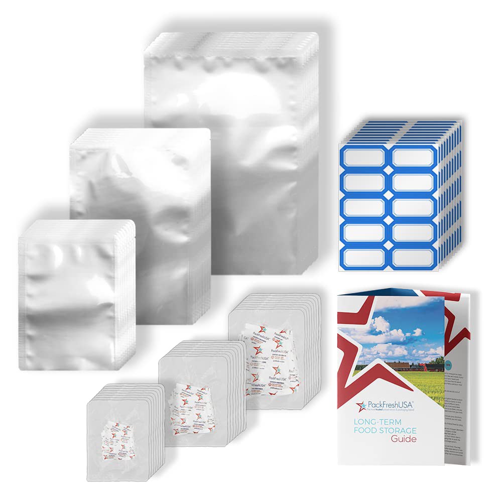 PackFreshUSA 100팩 7밀 마일라 백 및 산소 흡수제 - 파인트, 쿼트, 갤런 u2013 내구성 있는 식품 보관으로 장기 준비, 열 밀봉 습기에 강합니다 - 상품 이미지