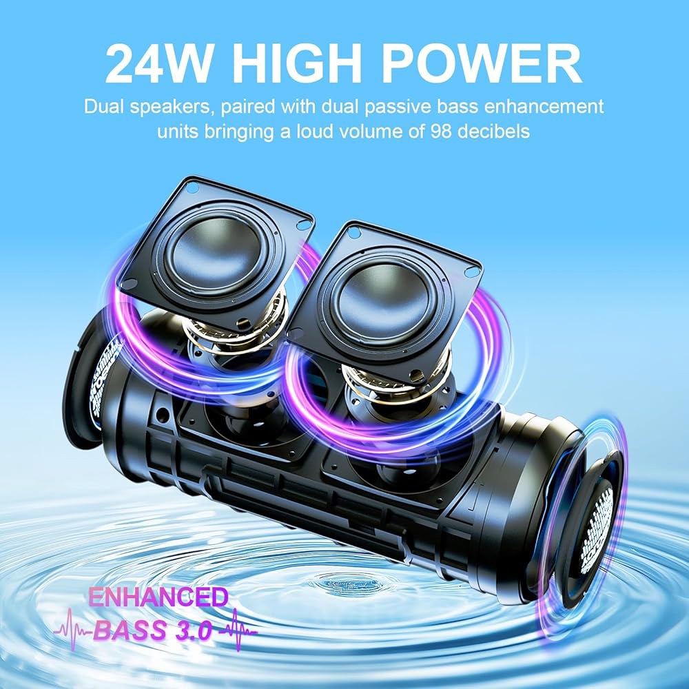 YOLOEMOT 휴대용 블루투스 스피커, 24W 라우드 딥 베이스, IPX7 방수, TWS 페어링, 12시간 플레이타임, RGB 조명, 캠핑, 자전거 타기, 파티를 위한 야외 스피 - 상세 이미지 2