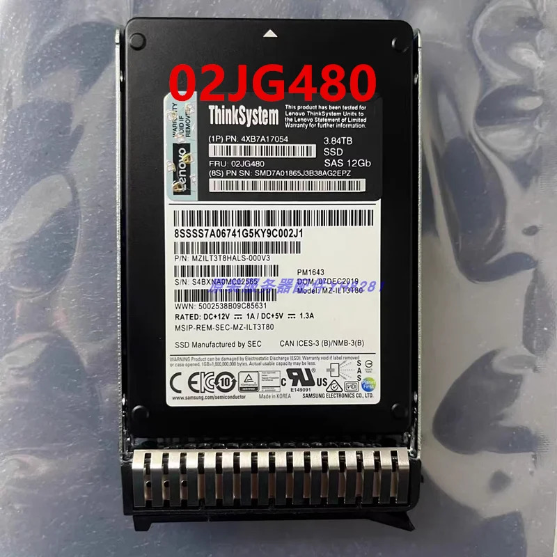 Lenovo호환오리지널 솔리드 스테이트 드라이브 3.84TB SAS SSD 4XB7A17054 02JG480
