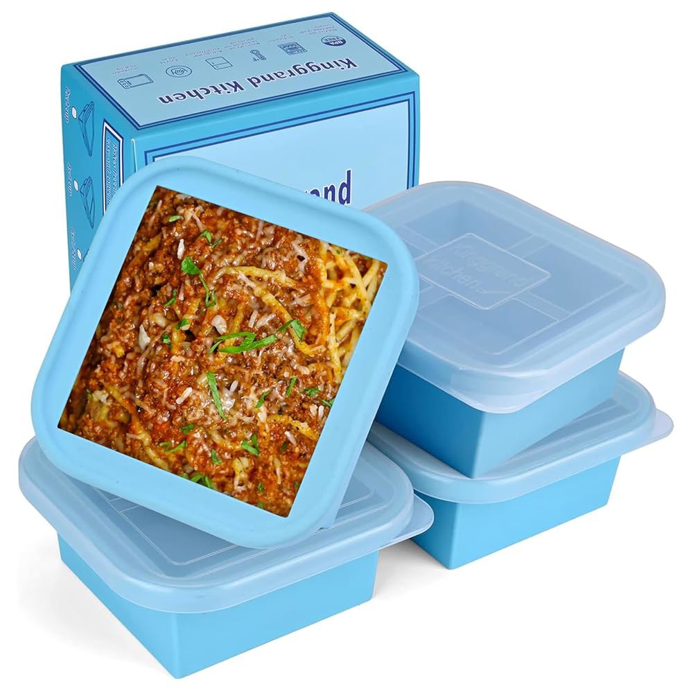 킹그랜드 키친 2컵 실리콘 냉동실 트레이 뚜껑 4팩 몰드 수프 냉동 용기 4가지 완벽한 수프, 육수, 스튜, 소스, 카레 만들기 1-Hole 4 Pack Black - 상품 이미지