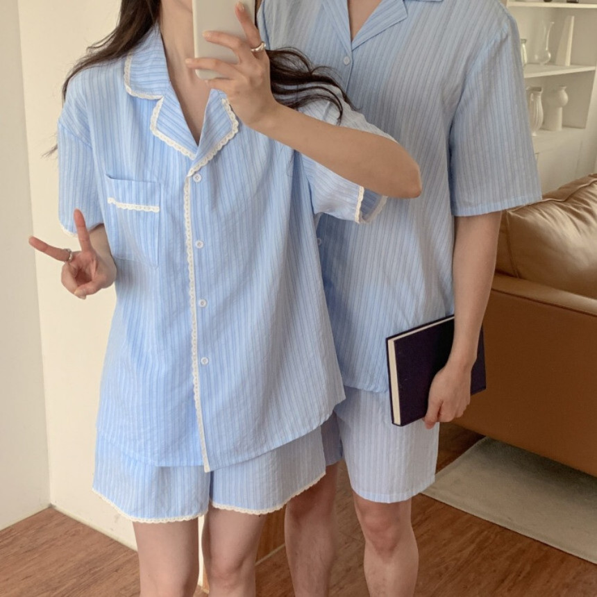 커플잠옷 여름 원피스잠옷 여성 반팔 면 신혼부부 파자마 세트 사진 3