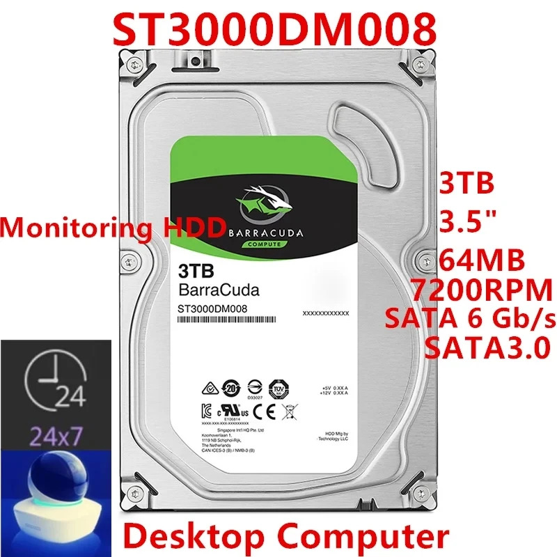 ST3000DM008Seagate 3TB 3.5 SATA 6 Gb/s 64MB 7.2K 감시 하드 드라이브새 원본