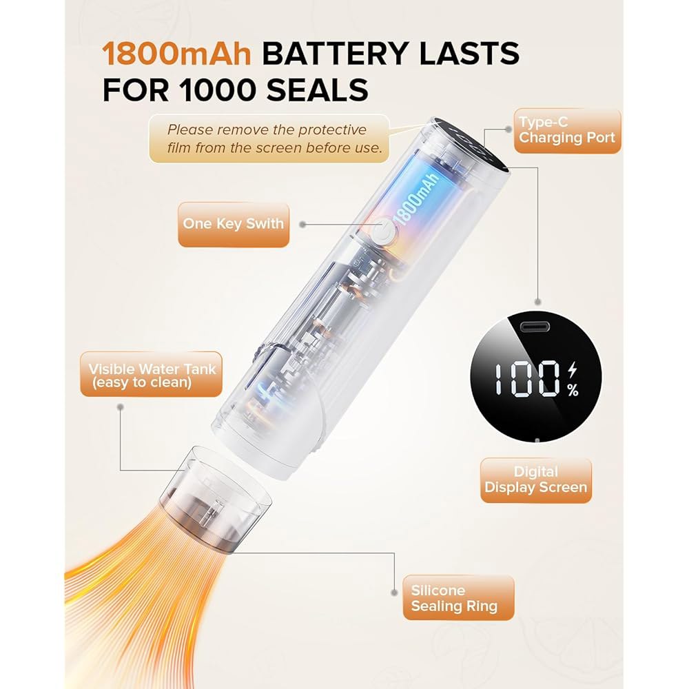 1800mAh 음식용 컴팩트 진공 실러(진공 실러 기계 + 재사용 가능한 가방 30개), LCD 디스플레이가 장착된 80kPa 강력한 휴대용 음식 실러, 보이는 물탱크 식사 절약기 - 상세 이미지 2