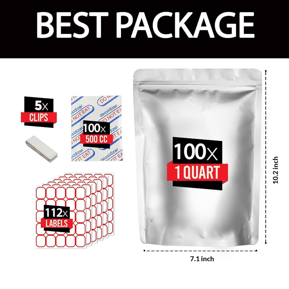 100개의 쿼터 마일라 백에 100 x 500cc 산소 흡수제-112 라벨과 5개의 클립이 있는 재사용 가능한 밀폐 재밀봉 10 MIL 두꺼운 스탠드업 백 - 식품 보관용 대형 - 상세 이미지 2