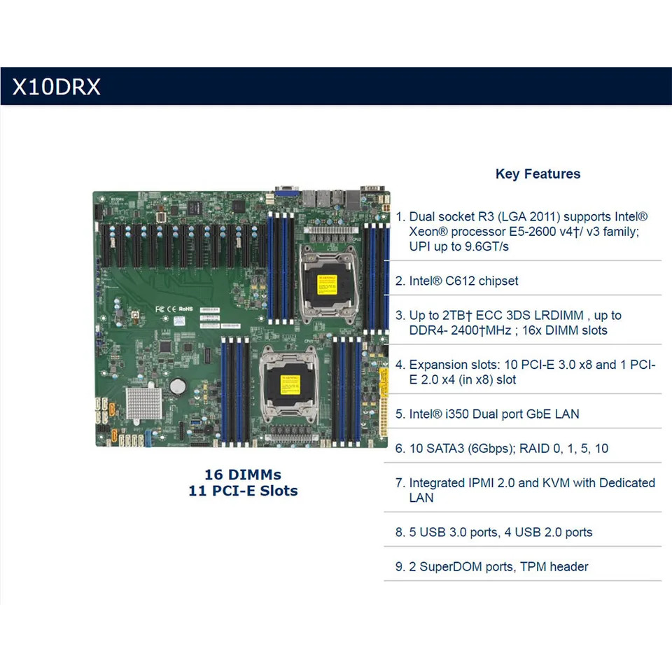 슈퍼마이크로 서버 마더보드X10DRX LGA 2011 C612 지지대 E5 2600 V3 V4 CPU DDR4 PCI-E 3.0 리퍼 완료