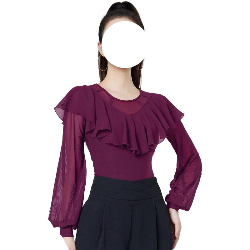 라틴댄스 상의 긴팔 줌바 블라우스 시스루 공연 블랙 (허리 연결 없음) M - 상품 이미지
