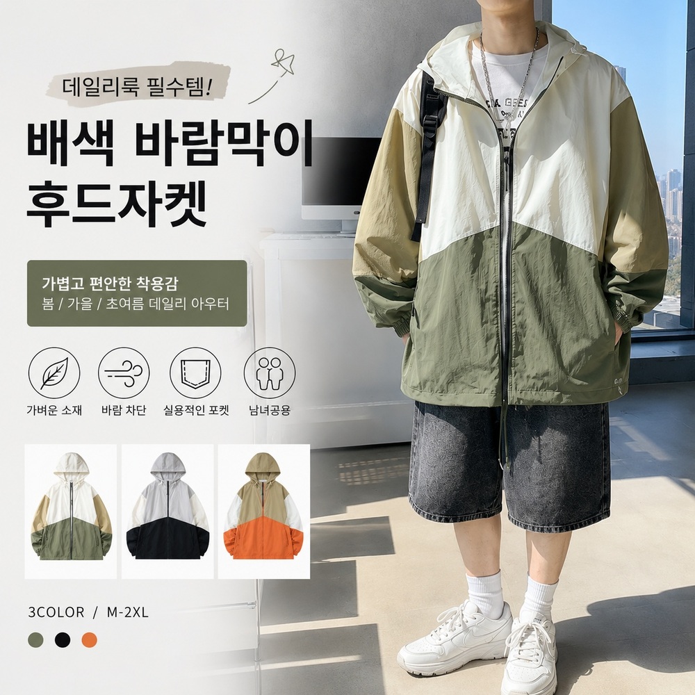 남녀공용 배색 후드 바람막이 점퍼 오버핏 봄가을 아노락 자켓 - 상품 이미지