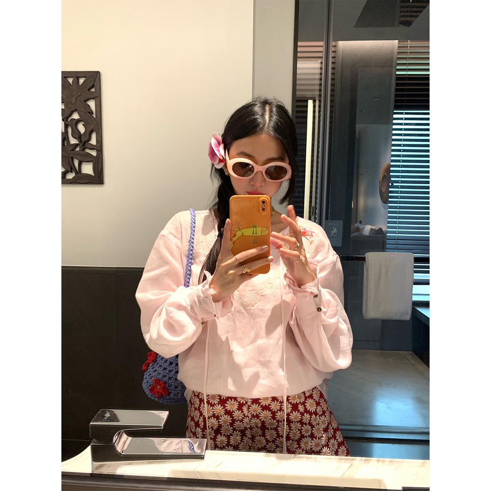 헨리넥 모시100 긴팔블라우스 끈달린 유니크 루즈핏 꽃자수 러플손목디자인 여름 연핑크 - 상세 이미지 4