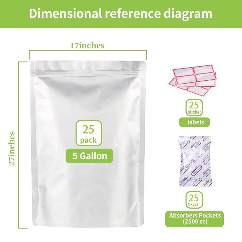 벨린렌 25Pcs 산소 흡수제가 포함된 5갤런 마일라 가방 식품 보관용 가방, 25개의 단일 밀봉된 2500cc 흡수제 및 라벨, 지퍼 재밀봉 가능 가방(10밀리리터 두께) - 상세 이미지 2