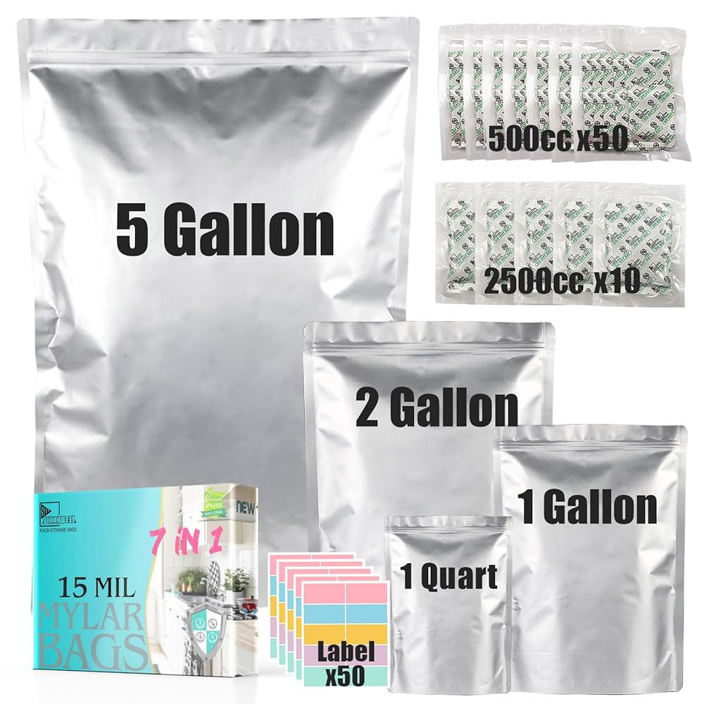 산소 흡수제가 포함된 식품 보관용 50pcs 마일라 백, 1밀 추가 두께 4사이즈 세트(5갤런, 2갤런, 1갤런, 1쿼터) 2500cc 및 400cc 옥시-소브(개별 밀봉) - 상품 이미지