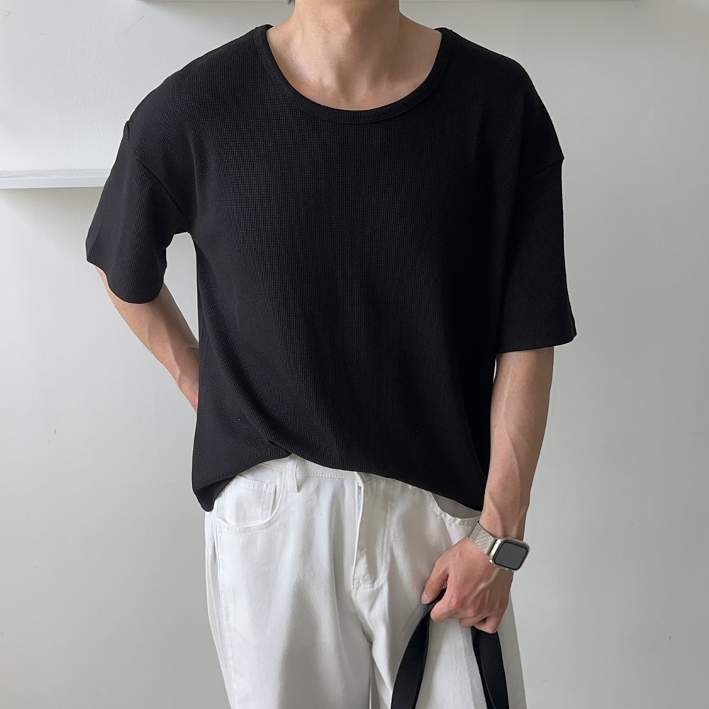 남자 오버핏 와플 유넥 U넥 흰색 여름 티셔츠 빅사이즈 반팔티 - 상세 이미지 2
