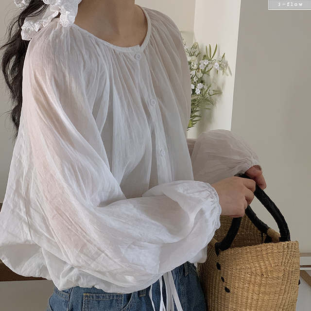 레이퍼 라운드 셔링 린넨 스트링 블라우스 4col 봄 여름 스트랩 루즈핏 벌룬 제이플로우 - 상세 이미지 3