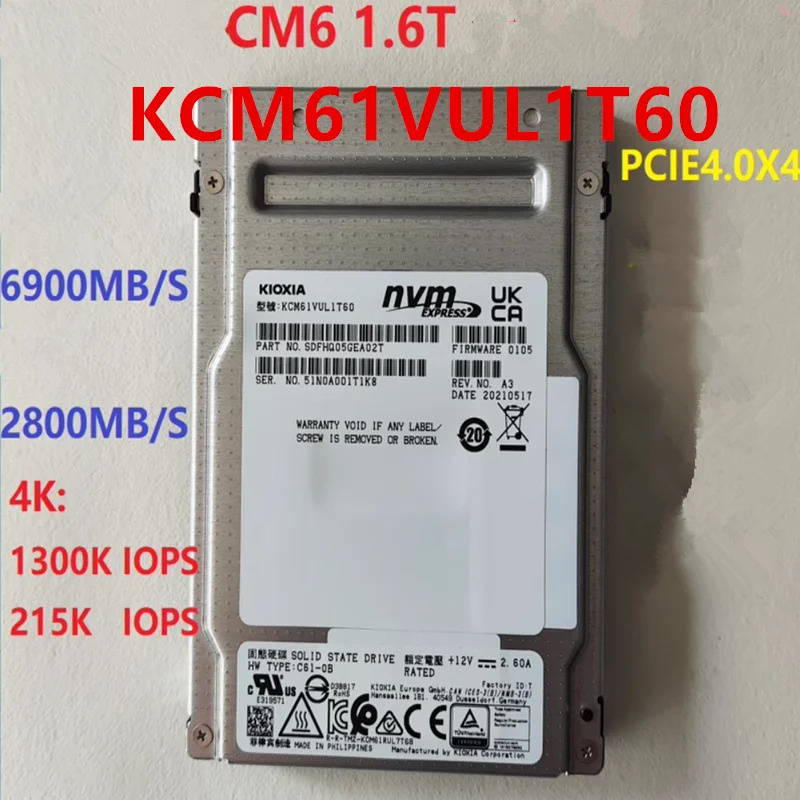 KIOXIA 1.6TB U.2 오리지널 솔리드 스테이트 드라이브 2.5 인치 KCM61VUL1T60 신