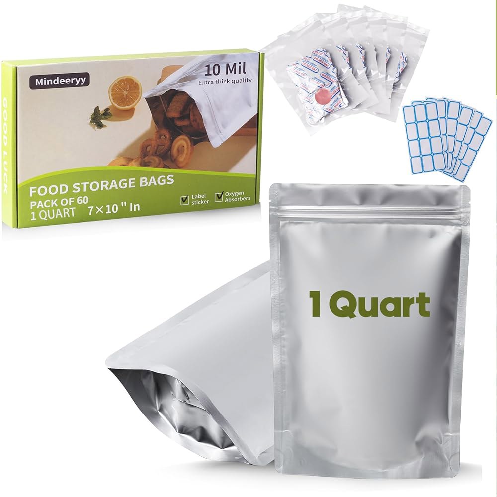 산소 흡수제 400cc 및 라벨이 포함된 식품 보관용 60pcs 1쿼터 마일라 백, 장기 용기 세트용으로 재밀봉 가능한 10밀리 - 7x10인치 지퍼 파우치 열 밀봉 가능 - 상품 이미지