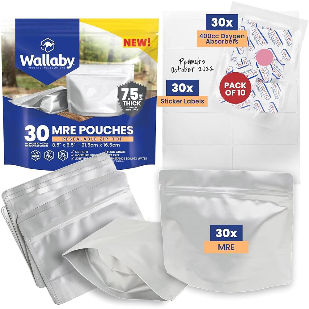 왈라비 30 카운트 MRE 마일라 백, 400cc 산소 흡수제 포함, 총 두께 장기 식품 보관 파우치 1,500만 개, 6.5x8.5 스탠드업 지퍼 열 밀봉 밀폐 포장 - 실버 - 상품 이미지